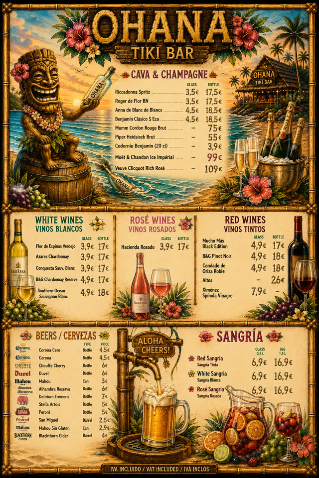 Cava, champagne, vinos, cervezas y sangría